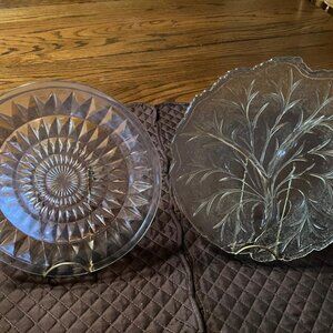 9" Jeanette Pink Depression Plate Plus 10" Clear Embossed Pebble Leaf Plate